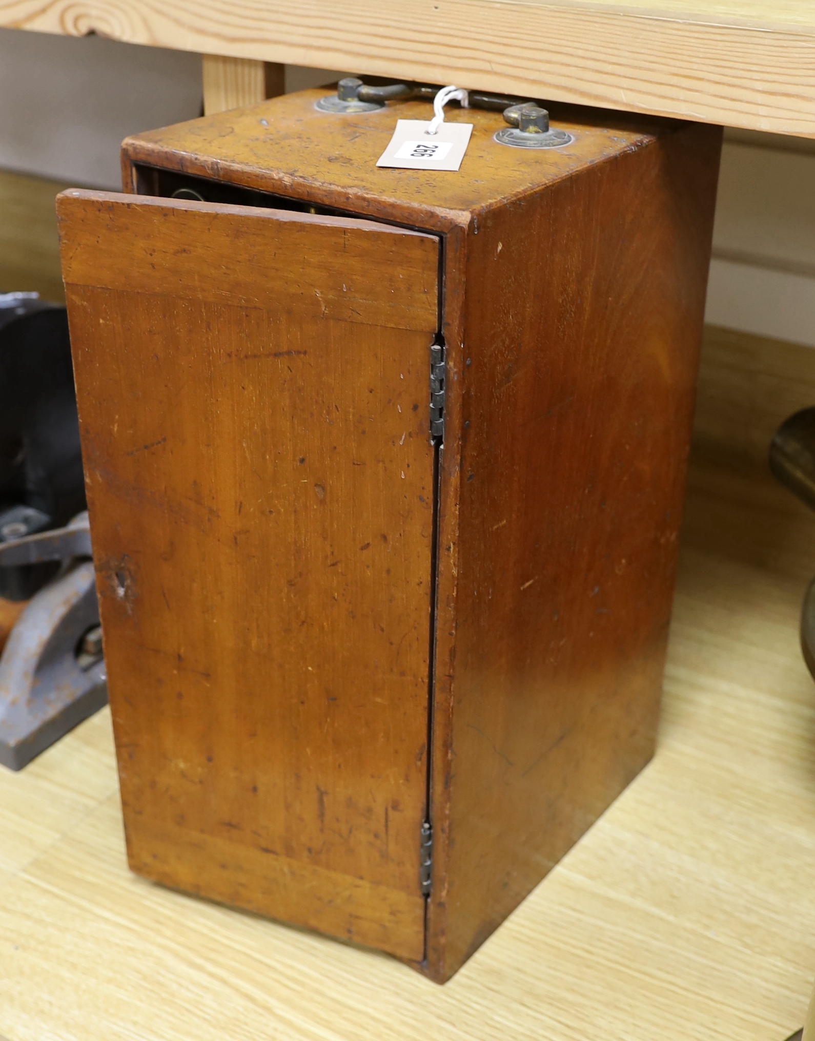 A Ross of London cased 'Wenham's' binocular brass microscope, wooden case with fitted interior and containing three sets of lenses, case 41.5cm high
